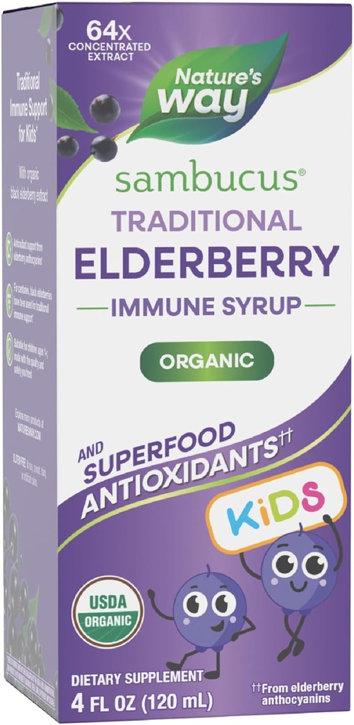 Nature's Way Sambucus Elderberry Traditional Immune Syrup for Ages 1+, Traditional Immune Support*, Antioksi Support*, Black Elderberry Extract, USDA Sertifikalı Organik, 4 Fl Oz