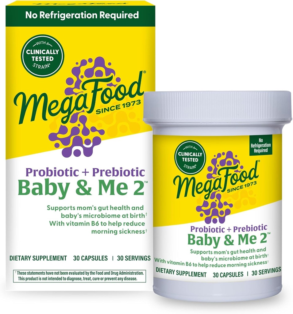MegaFood Baby & Me 2 Prenatal Probiyotik, Vejetaryen Hamile Prebiyotikler ve Kadınlar için Probiyotikler, Digestive Health & Immune Support with B6 for Morning Hastaness Relief, 30 Capsules