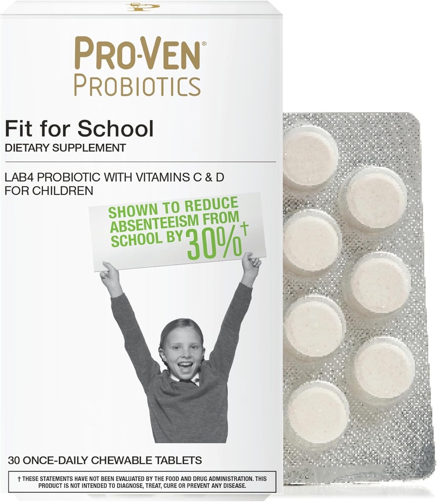 Pro-Ven Fit for School Kids Probiyotik Chewable Tabletler | 12.5 Milyar CFUs with Vitamin C & D for Ages 4-16 | Natural Strawberry Flavor | Vegetarian, Gluten & Lactose Free | 30 Günlük Tabletler
