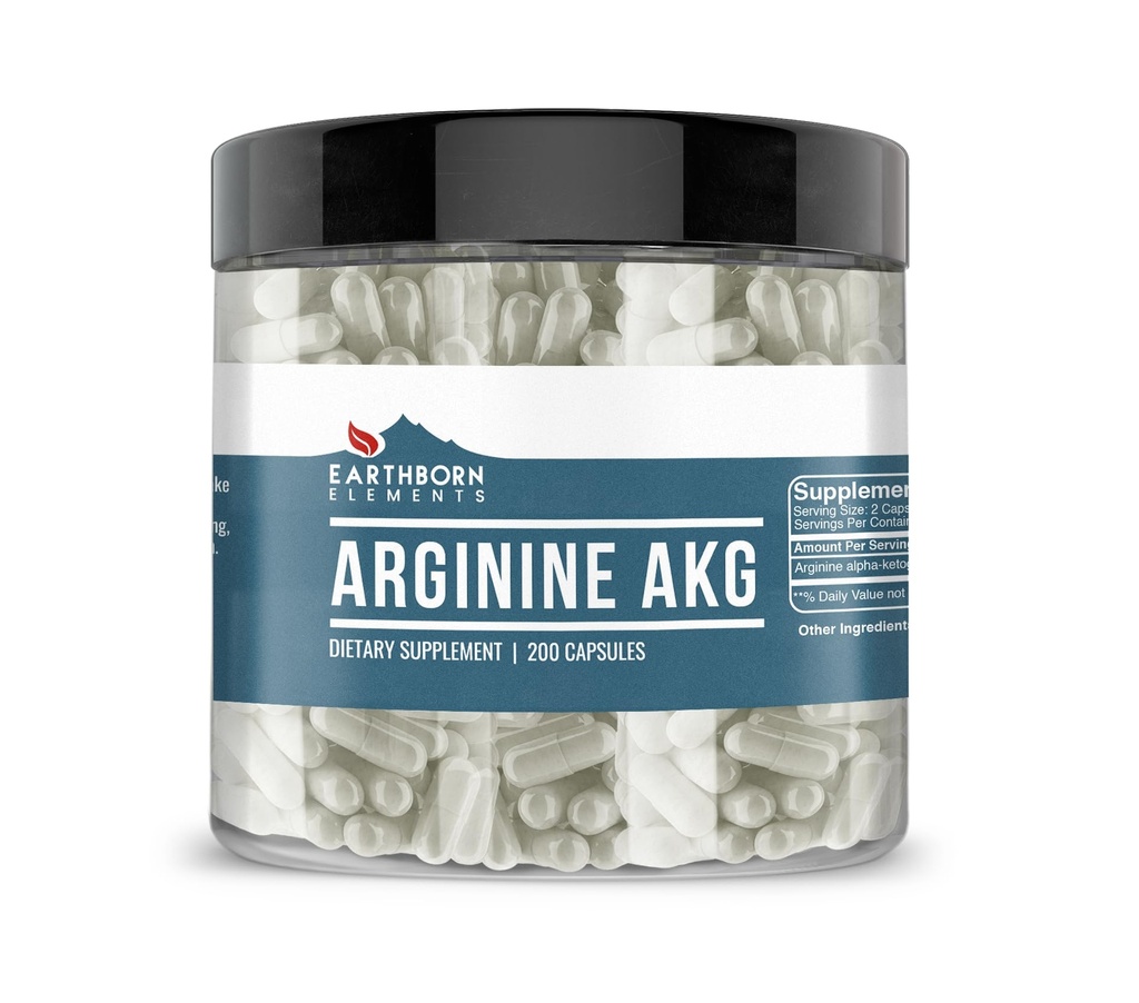 Earthborn Elements Arginine AAKG 200 Capsules, Pure & Undiled, No Wordss