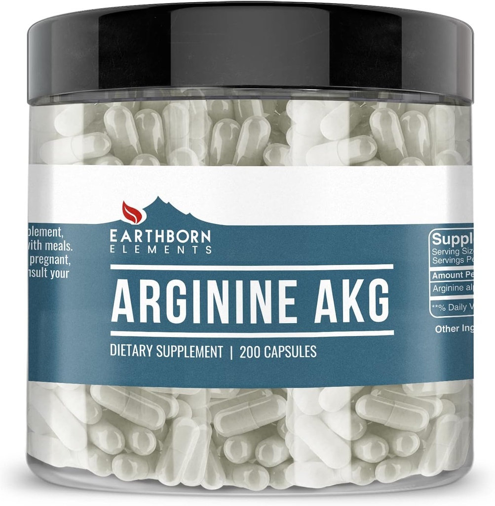 Earthborn Elements Arginine AAKG 200 Capsules, Pure & Undiled, No Wordss