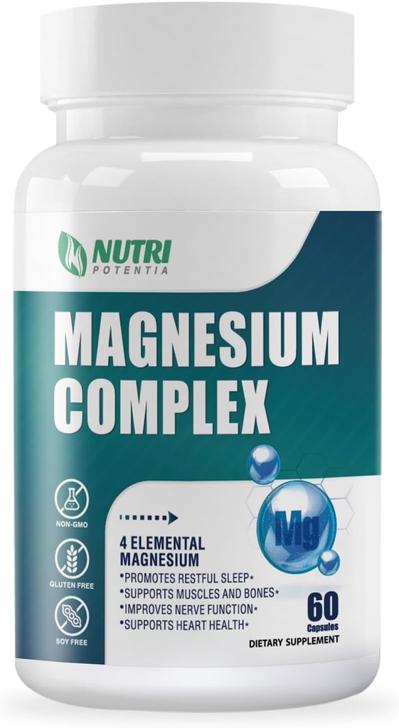 Magnezyum Kompleksi 500 mg- Magnezyum Mineral Supplements, Magnezyum Glycinate, Citrate, Malate, B6 - Bone, Heart, Muscle & Nervous System Support - 60 Capsules