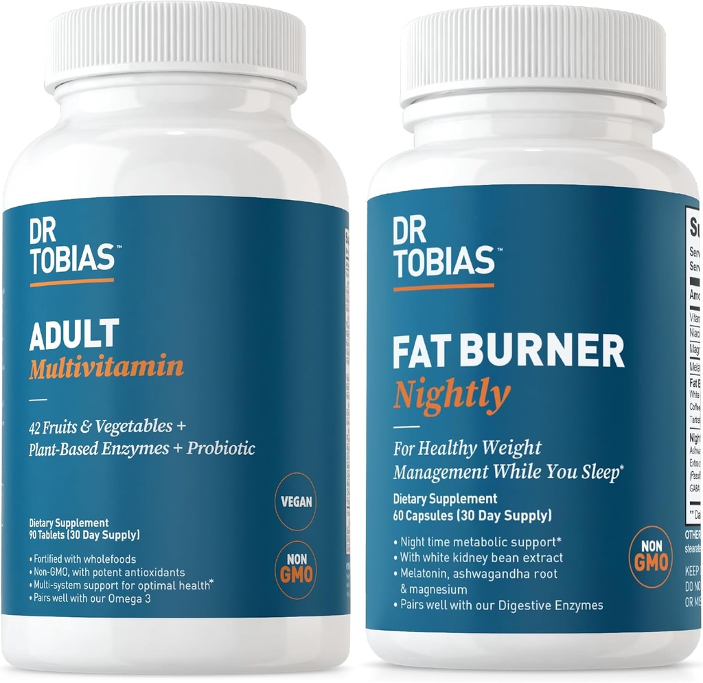 Dr. Tobias Fat Burner Gece ve Yetişkin Multivitamin Destekleri Enerji, Immunity & Metabolism with Ashwagandha. Probiyotikler ile 42 meyve ve sebze, Green Coffee Bean Extract, Non-GMO, 30 Day Supply