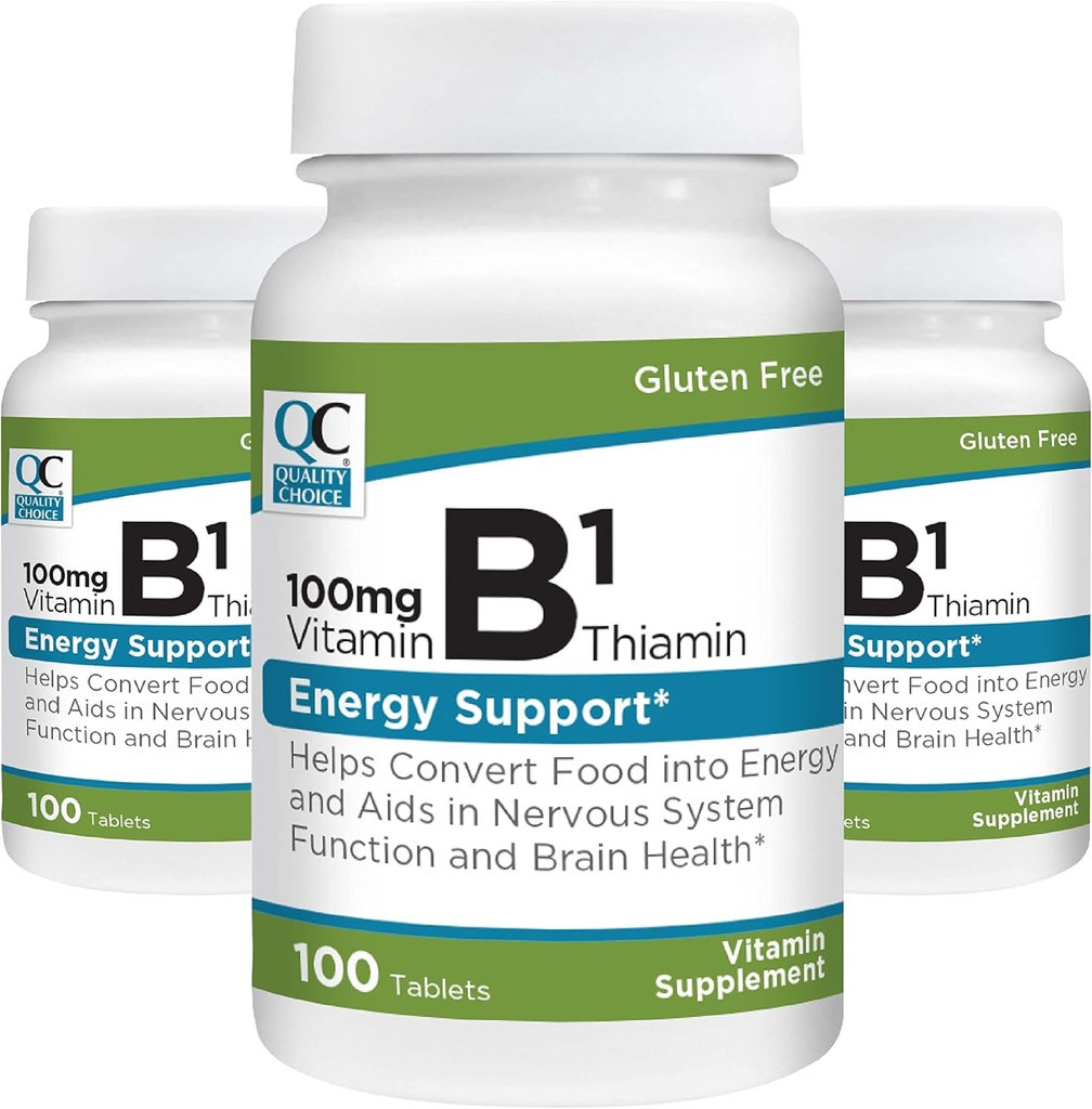 Quality Choice Vitamin B1 Thiamin 100 mg Energy Support, Nervous System Function, & Brain Health Vitamin Tabletleri, 100 Kont Şişeler (3 Pack)
