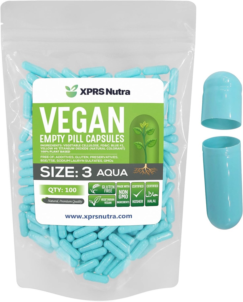 XPRS Nutra Boyutu 3 Boş Kapsül - 100 Kont Vegan Pills - Vejetaryen Boş Pill Capsules - DIY Sebze Kapsülü - Veggie Pill Caps (Aqua)