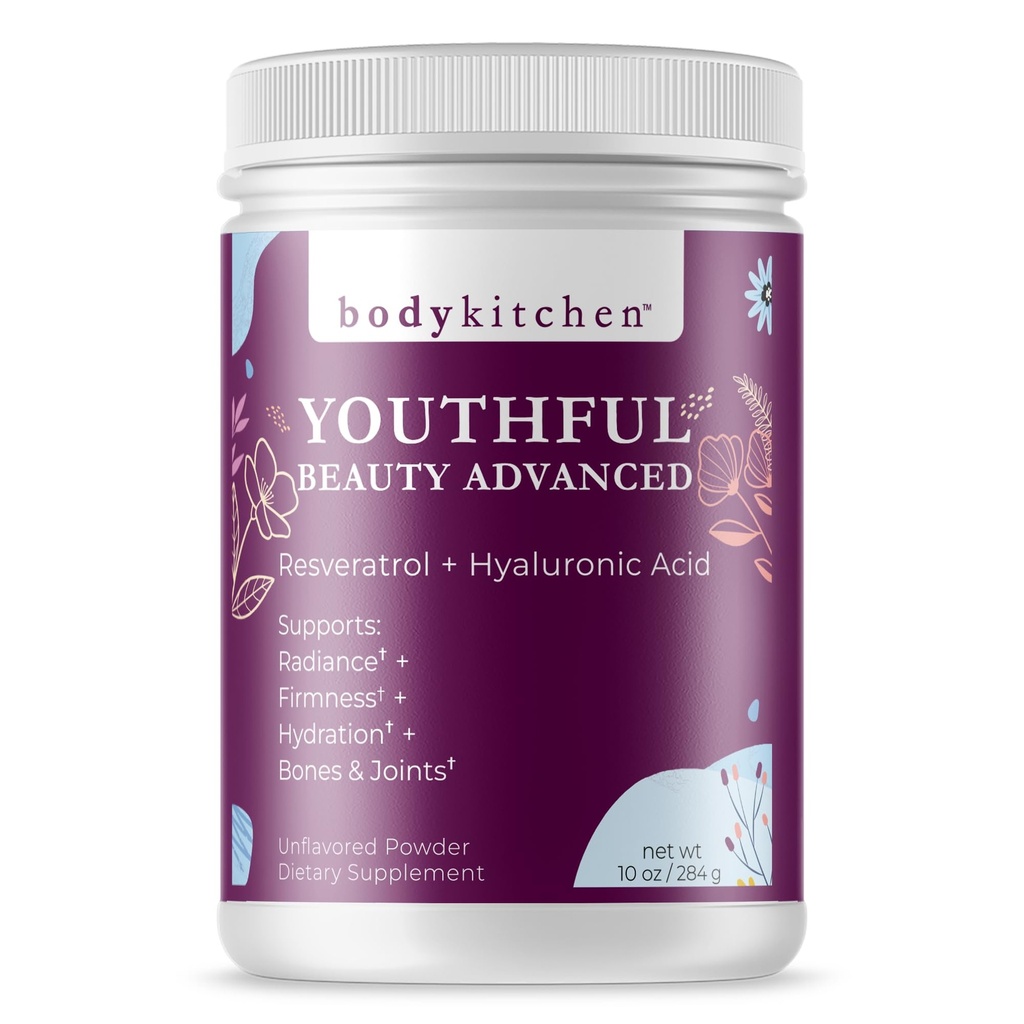 Body Kitchen Youthful Beauty Advanced, Collagen Peptides Powder for Beautiful Hair Skin Nails, Resveratrol and Hyaluronic Acid for Anti-Gearing & Antioxidant Support, Grass Fed (Pack of 1)