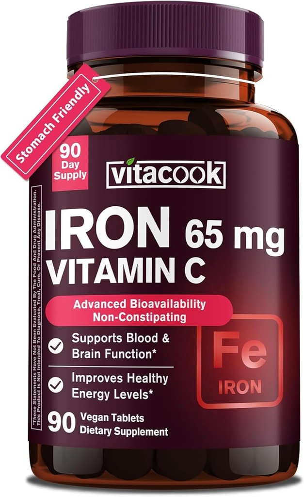 Kadınlar için Demir Supplement | Yüksek Potency Iron 65mg C 250 mg | Stomach Friendly Iron Pills for Red Blood Cell & Immune Support | Vegan, Non-GMO & Gluten Free | 90 Tabletler