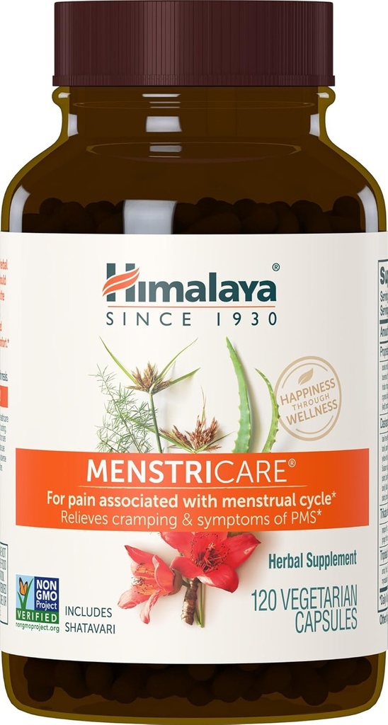 Himalaya MenstriCare, 30 Day Supply - Supports PMS, Menstrual Cramp Relief, and Hormon Balance for Women - Vegan, Non-GMO, Gluten Free, 120 Capsules