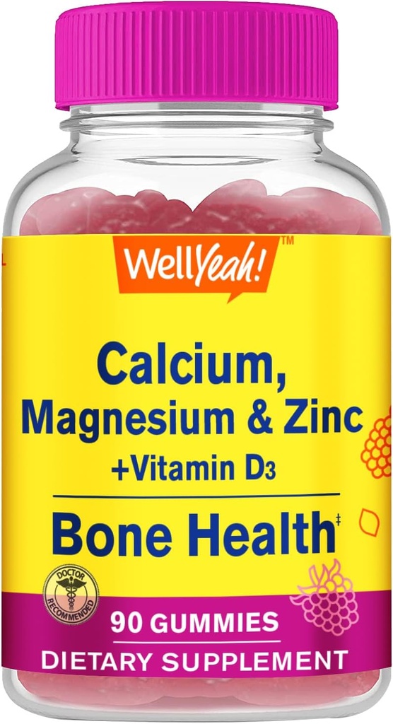 Kalsiyum, Magnezyum, çinko + Vitamin D3 Gummies by WellEvet | Bone, Muscle ve Nerve Health Support, Immune Support | for Men and Women | Gluten Free, Non GMO | Raspberry Flavor | 90 Count