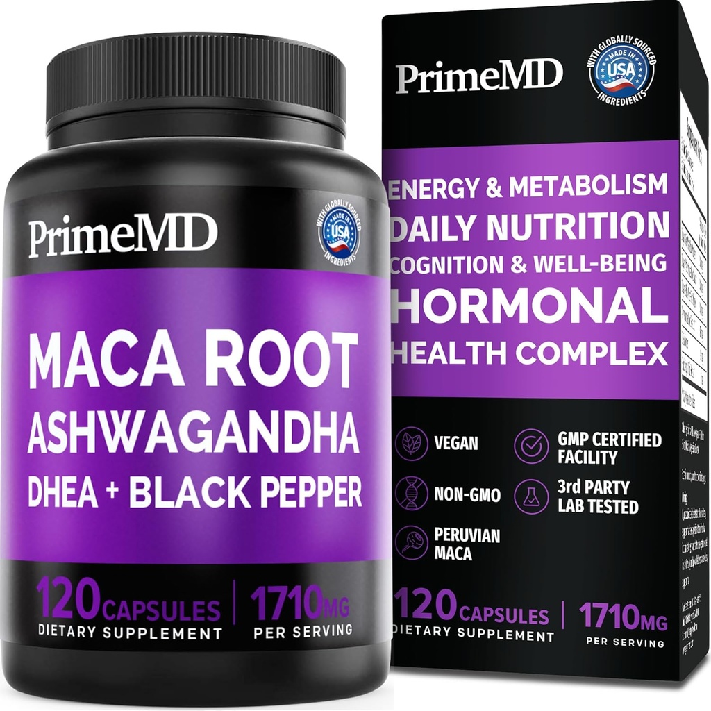 6-σε-1 Βιολογικές κάψουλες ρίζας Maca Ashwagandha 1710mg με εκχύλισμα φρούτων DHEA και Black Pepper για γυναίκες και άνδρες - Μαύρο συμπλήρωμα Maca για Stamina, Bone και Mood συμπλήρωμα υποστήριξης, 120 καταμέτρηση