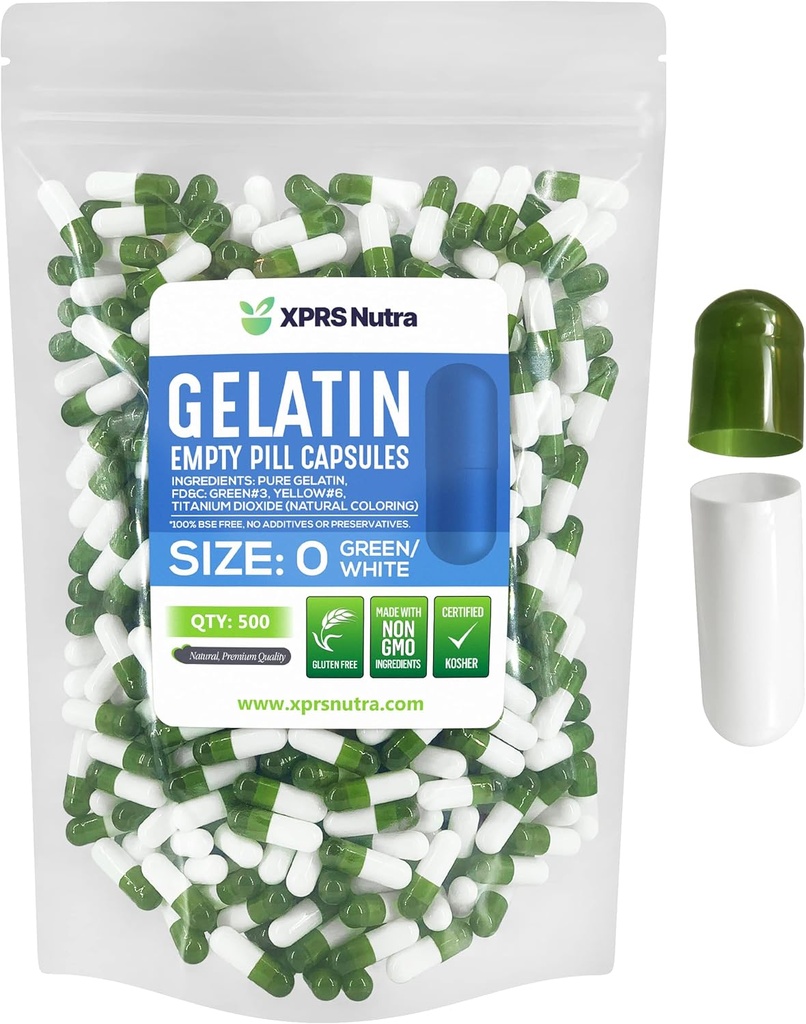 XPRS Nutra Μέγεθος 0 Κενές κάψουλες - 500 Count Empty Gelatin Κάψουλες - Χάπια DIY Καψάκιο Γέμισμα - Καθαρά Καπάκια τζελ για Βοοειδή για Συμπληρώματα Do-It-Yourself (Πράσινη / Λευκή)