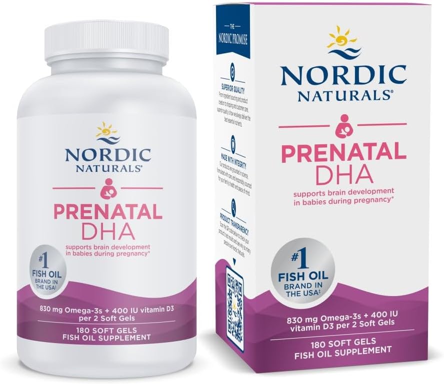 Nordic Naturals Prenatal DHA, Unflavored - 180 Soft Gels - 830 mg Omega-3 + 400 IU Vitamin D3 - Gecikme sırasında Bebeklerde Beyin Gelişimi - Non-GMO - 90 Hizmetler