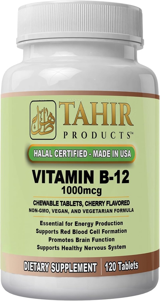 Tahir Halal Vitamin B12 1000mcg: Enerji, Metabolism & Nervous System Health. Vegan & Vegetarian, Dairy-Free, 120 çiğnenmiş Tabletler. ABD'de Made in USA - Sertifikalı Halal.