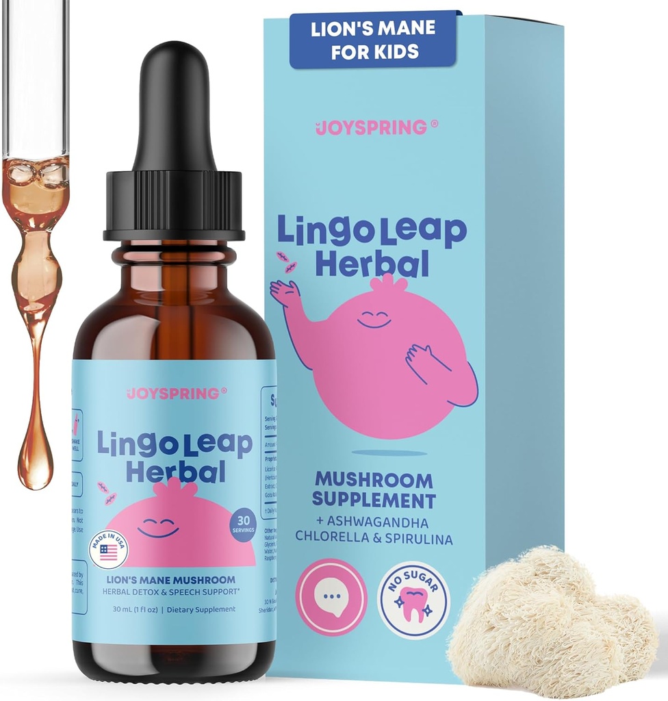 Çocuklar için JoySpring Lions Mane | Konuşma Gecikleri | Lions Mane Mushroom, Gotu Kola & Ashwagandha for Talk Therapy & Cognitive Support – Easy-Take Liquid | LingoLeap Herbal