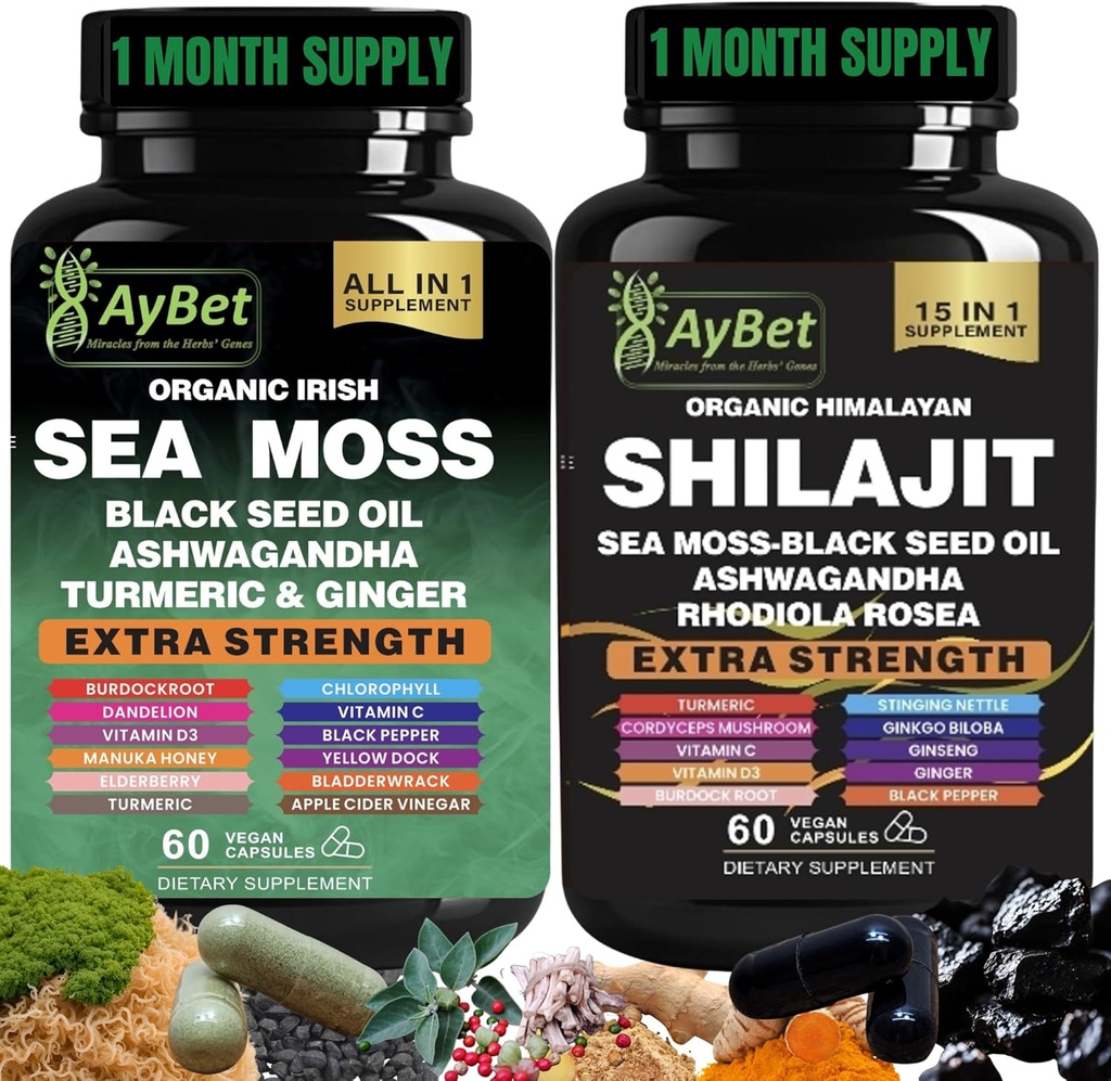 Sea Moss Shilajit Combo Sche Capsule, Black Seed Oil, Ashwagandha, Rhodiola Rosea, Burdock, Turmeric, Ginger, VitC, VitD3, All in One Supplement, 120 Capsules, Hell, Vegan, USDA Organic