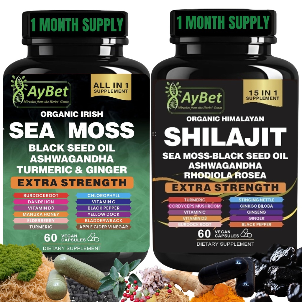 Sea Moss Shilajit Combo Sche Capsule, Black Seed Oil, Ashwagandha, Rhodiola Rosea, Burdock, Turmeric, Ginger, VitC, VitD3, All in One Supplement, 120 Capsules, Hell, Vegan, USDA Organic
