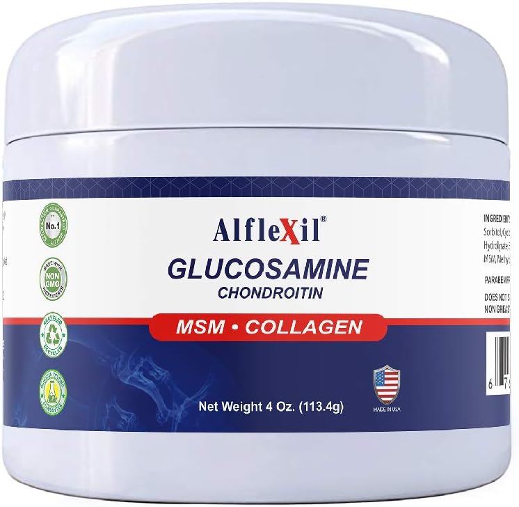 ALFA VITAMINS Alflexil Glucosamine Plus Chondroitin Cream with MSM & Collagen, Supports Health Commons, Joint & Muscle Pain Relief, Finds Mobility, Fast Abxia, and Moisturizes Skin, 4 Oz.
