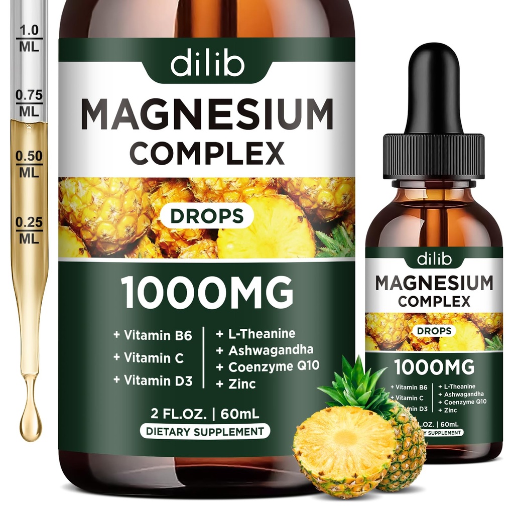 Triple Complex Supplement, Magnezyum Glycinate, Blend, Citrate Liquid Drops 1000 mg with Ashwagandha, CoQ10, Vitamin B6, C, D, çinko - Vegan Pineapple Flavor