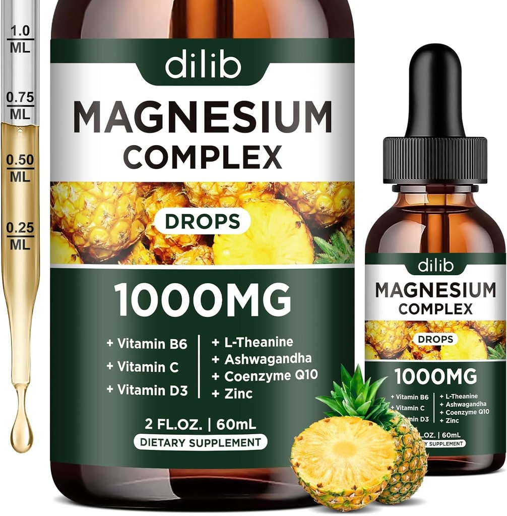 Triple Magnesium Complex Supplement, Μαγνήσιο Γλυκινικό, Blend, Κιτρικό Υγρές σταγόνες 1000mg με Ashwagandha, CoQ10, Βιταμίνη B6, C, D, Ψευδάργυρος - Vegan Ανανάς Γεύση Γεύσης