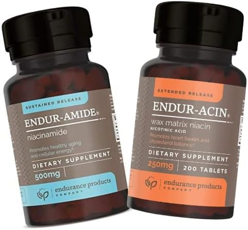 Endurance Products EPC Company NAD+ Niacinamide B3, Endur-Amide 500mg 200 Tablets and ENDUR-ACIN 250mg Niacin - Extended Release for Optimal Absorption & Low-Flush Vitamin B-3, 200 Tablets