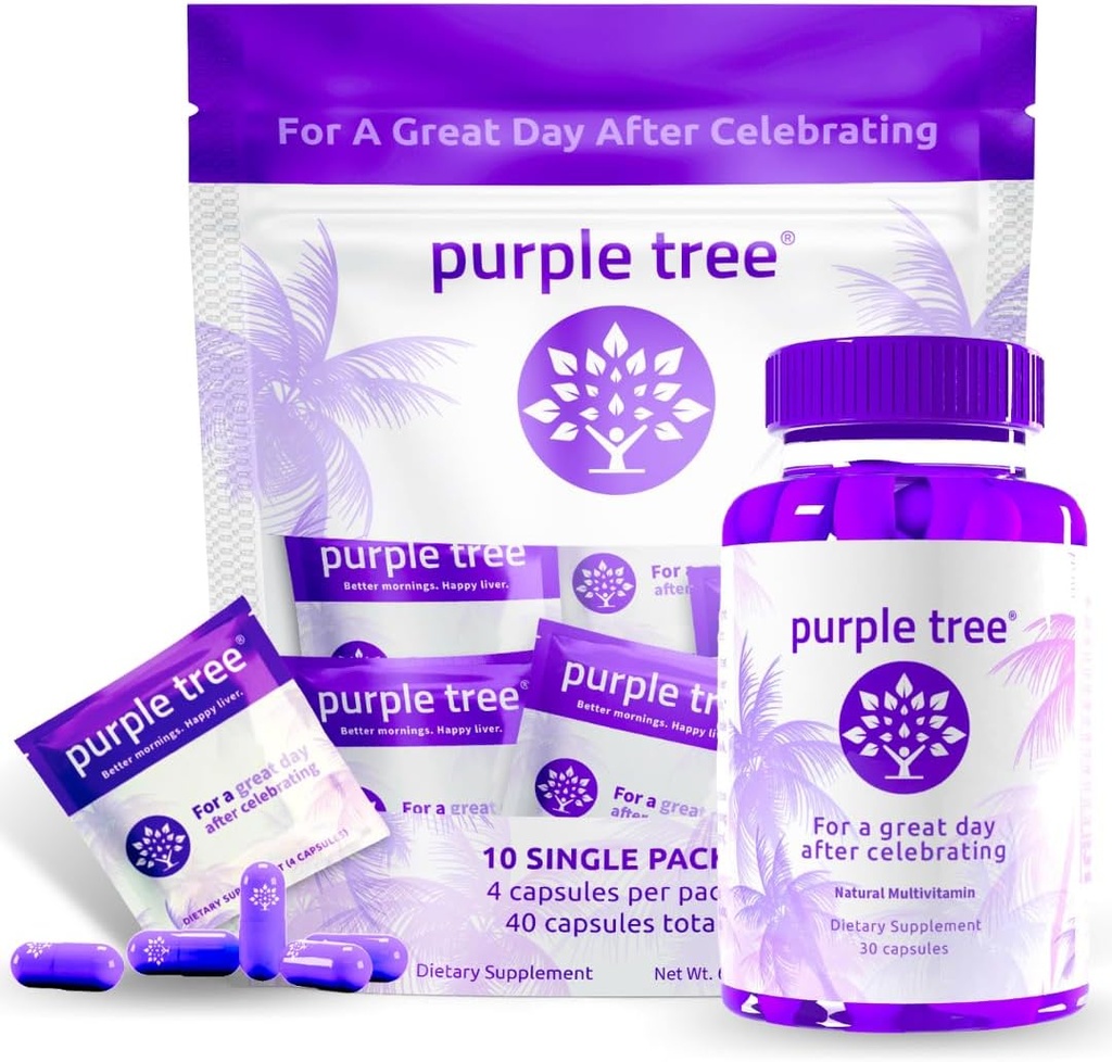 πορφυρό δέντρο μετά-γιορτή Wellness Bottle + Packet Kit Combo, Υποστήριξη ήπατος, ταχεία ενυδάτωση, Body Replenisher DHM Dihydromyricetin, Milk Thistle, Electrolytes, Vitamin B, Willow Bark, Quercetin