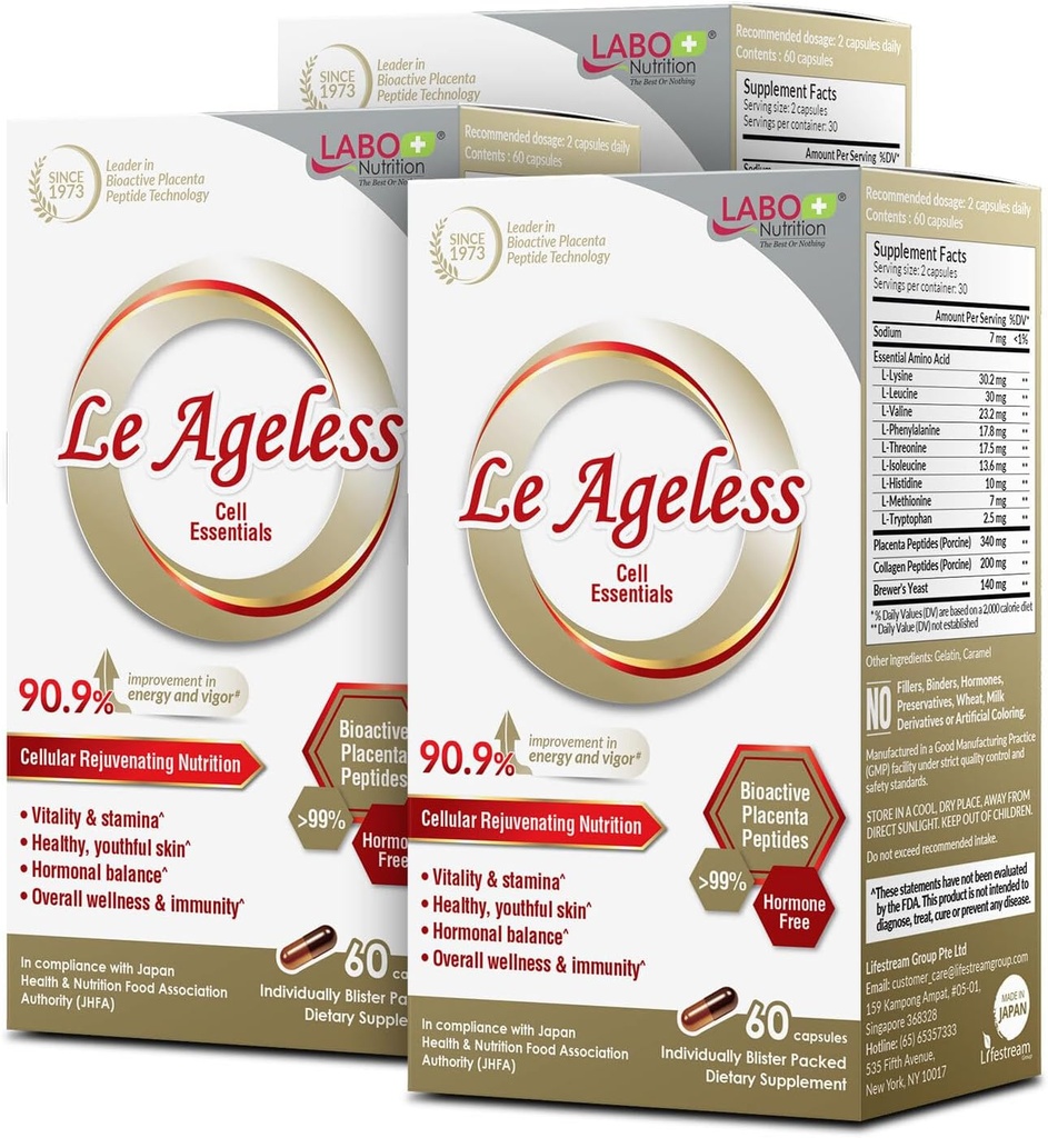 LABO Beslenme Le Ageless – Placenta Hücre Japonya'dan Tedavi – Collagen Peptide ve Brewer'in Yeast to Supports Immune Health, Skin Rejenerasyonu, Anti-Aging – 60 CapsulesX3