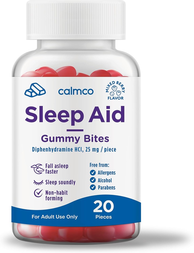 CalmCo Adult Sleep Aid Gummy Bites - Non-Habit Forming Sleep Support with 25mg Diphenhydramine, Easy-to-Chew Nighttime Sleep Aid Gummies, Promotes Better Sleep, and Fall Asleep Faster, 20 Count