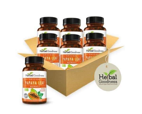 Papaya Leaf Extract Capsules 10X Strength - 60/600 mg Veg Capsules- Blood Platelet, Bone Marrow & Spleen Support, Immune Gut & Super Digestive Health - Herbal Goodness (Pack of 6)