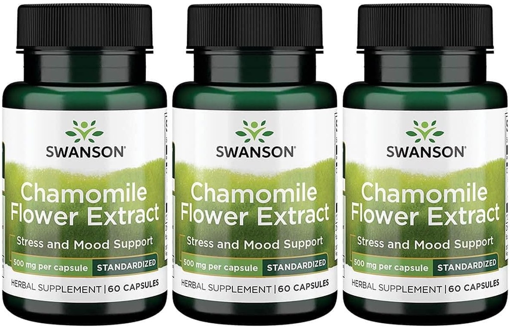 Swanson Chamomile Çiçeki 500 Milligram Standartlaştırıldı% 1.2 Apigenin 6 mg per Capsule 60 Capsules 3 Pack