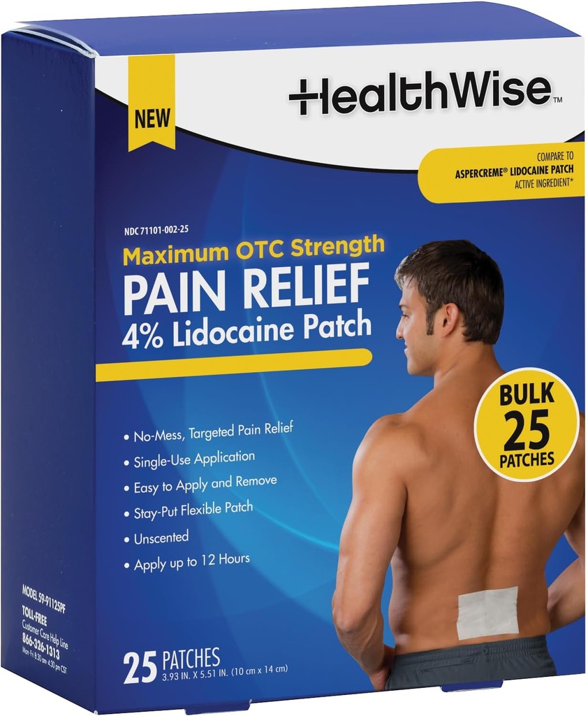 HealthWise 4% Lidokak Ağrı Yardımı Patch | En Çok OTC Güçlü | 25-Kırık | 3.93” x 5.51" | Soothes Minor Aches and Pains | Odor Free | Topical Anesthetic | Easy to Uygulamalı