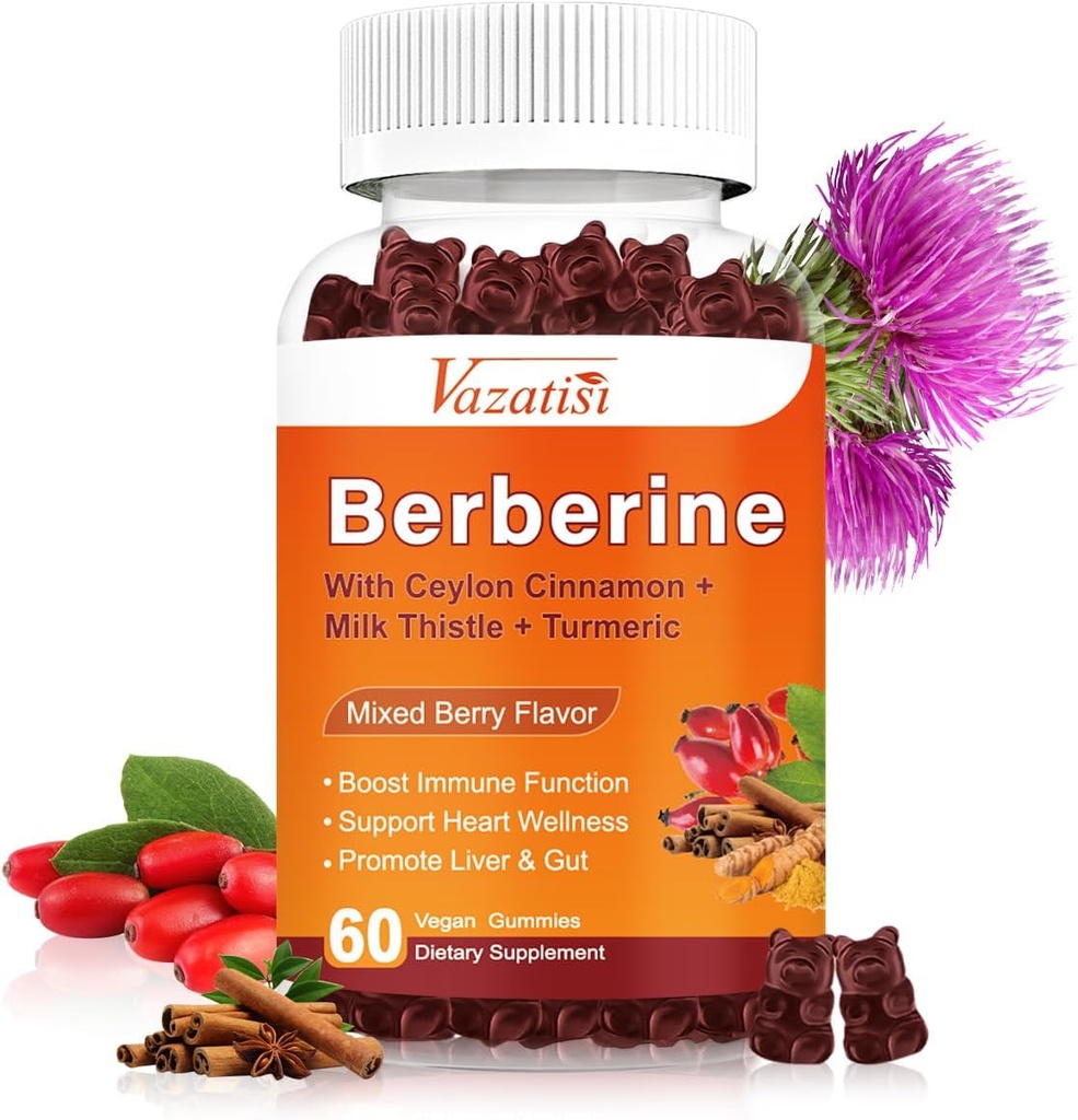 1500 mg Berberine Gummies, Yüksek Potency Berberine Supplement with Ceylon Cinnamon Gummies, Turmeric, Magnezyum, Sugar Free, Non-GMO, Gluten-Free - Karma Berry Flavored 60 Gummies