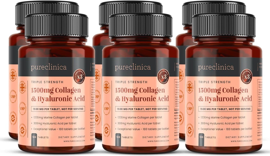 1500mg x 1080 Tablets. 1200mg of UltraColl Collagen & 300mg of Hyaluronic Acid per Tablet. (6 Bottles of 180 Tablets Each - 18 Months Supply)