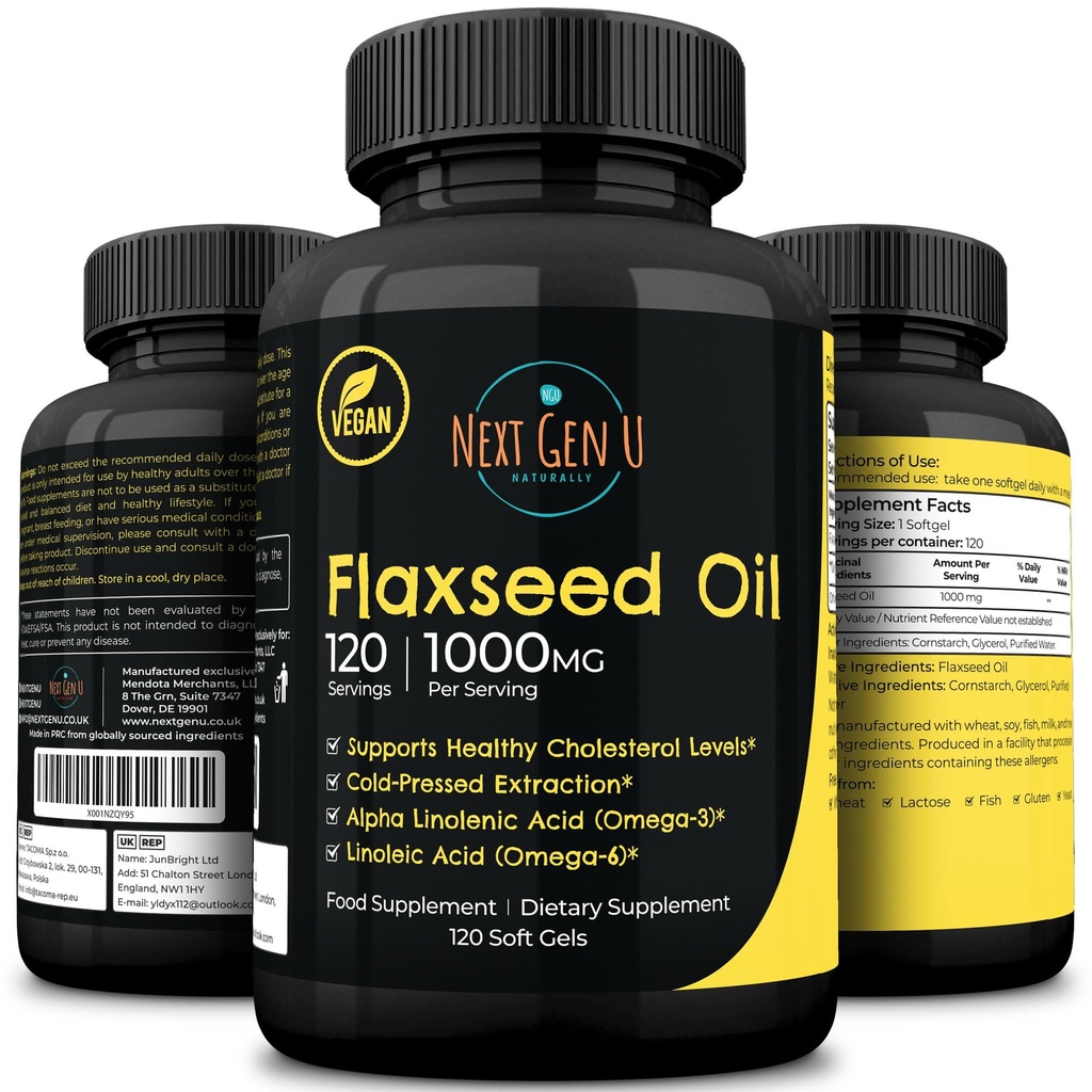 Flaxseed Oil Capsules - 1000 mg - 120 Vegan Soft Gels - High in Omega 3, 6, 9 - Cold Pressed Flax Seed Formula - 4 Months Supply - by NextGenU