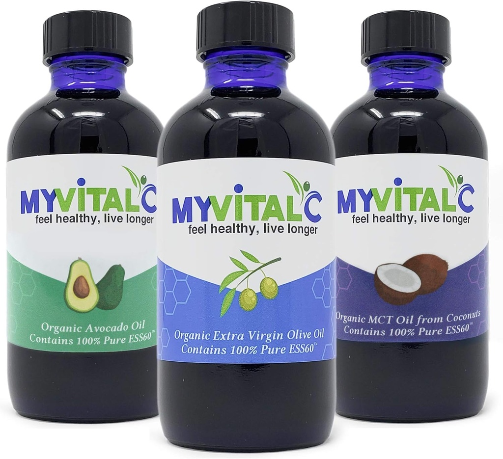 MyVitalC Combo Organic Extra Virgin Olive Oil, MCT & Avocado Oil - Συμπλήρωμα αντιοξειδωτικών ESS60 - Για την καταπολέμηση της γήρανσης, της μακροζωίας, του ύπνου, της ενέργειας - Συσκευασία των 3