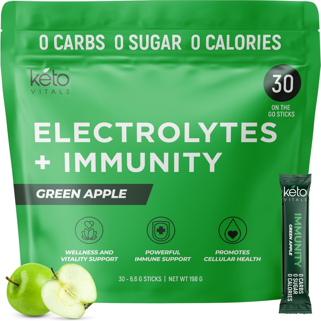 Keto Vitals Immunity Sugar Free Electrolytes Toz C, Ginger, Turmeric, & Elderberry - Immune System ve Rehidrat Your Body - Green Apple Flavor, 30 Count