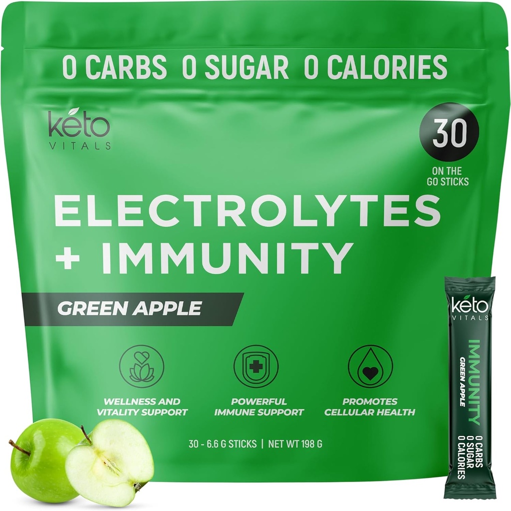 Keto Vitals Immunity Sugar Free Electrolytes Toz C, Ginger, Turmeric, & Elderberry - Immune System ve Rehidrat Your Body - Green Apple Flavor, 30 Count