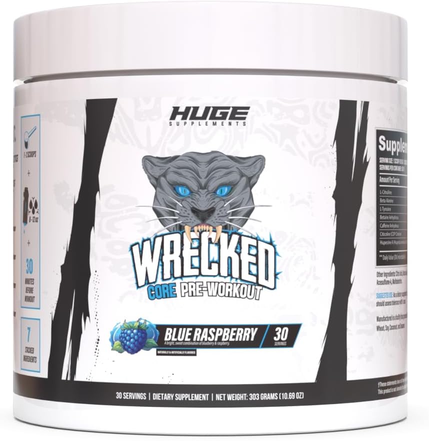Wrecked Core – All-in-One Pre-Workout Supplement for Men & Women, Art, Focus & Pumps with L-Citrulline, Beta-Alanine, L-Tyrosine & More (30 Hizmet) - Blue Raspberry