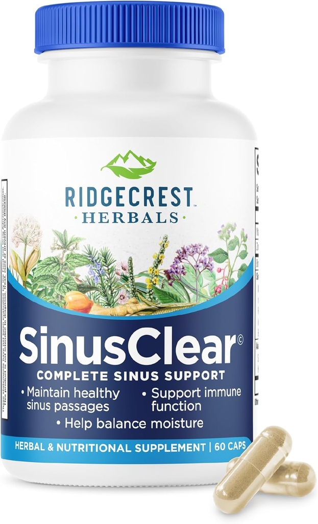 RidgeCrest Herbals SinusClear, Sinus ve Nasal Health için Mullein Leaf, Bromelain, C vitamini ve çinko, sağlıklı Mucus için, Immune & Respiratory Desteği için, (60 Veg Caps, 30 Serv)