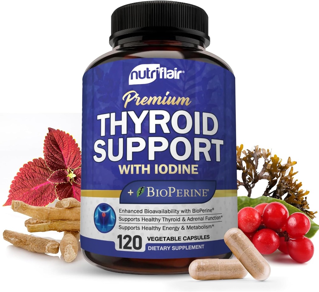 NutriFlair Thyroid Support Complex, 120 κάψουλες - με Ιώδιο, Μαύρο πιπέρι, Ashwagandha, Βιταμίνη B12 - Thyroid συμπλήρωμα για γυναίκες και άνδρες