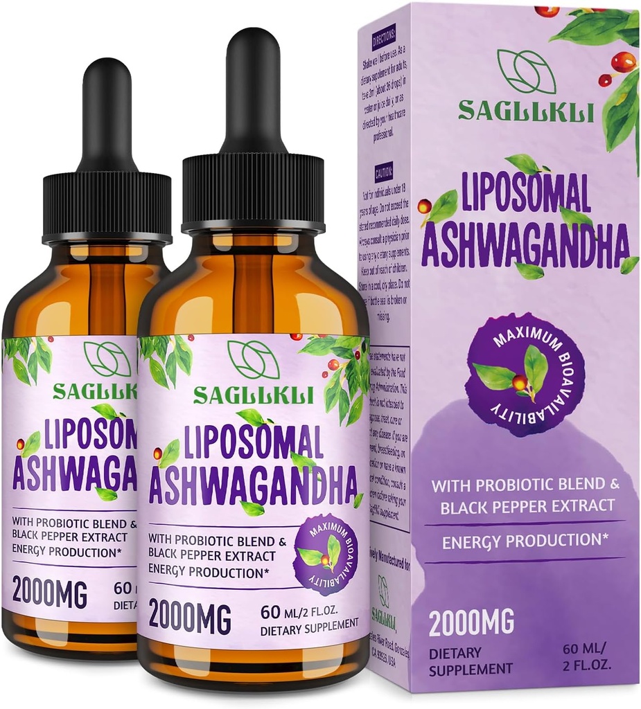 Liposomal Ashwagandha Liquid Drops 2000 mg, Ashwagandha Root Extract Supplement (% Withanolides) Black Pepper Extract & Probiyotiks for Focus, Cognition & Energy - 4 FL.OZ (2 Şişe)