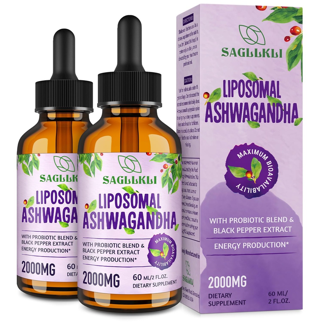 Liposomal Ashwagandha Liquid Drops 2000 mg, Ashwagandha Root Extract Supplement (% Withanolides) Black Pepper Extract & Probiyotiks for Focus, Cognition & Energy - 4 FL.OZ (2 Şişe)