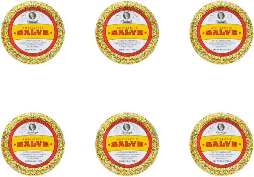Rawleigh Antiseptic Salve Iconic Yellow Big Tin: 4.5 oz, Multi-Purpose Ointment Soothes Cuts, Bruises, Irritations, Turpentine, Phenol, Cottonseed Oil & Paraffin, Original Formula - 6 Paket
