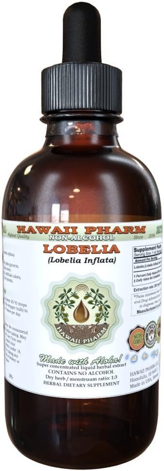 Lobelia Alkol-Free Liquid Extract, Organik Lobelia (Lobelia Inflata) herb Glycerite Hawaii Pharm Natural Herbal Supplement 4 oz