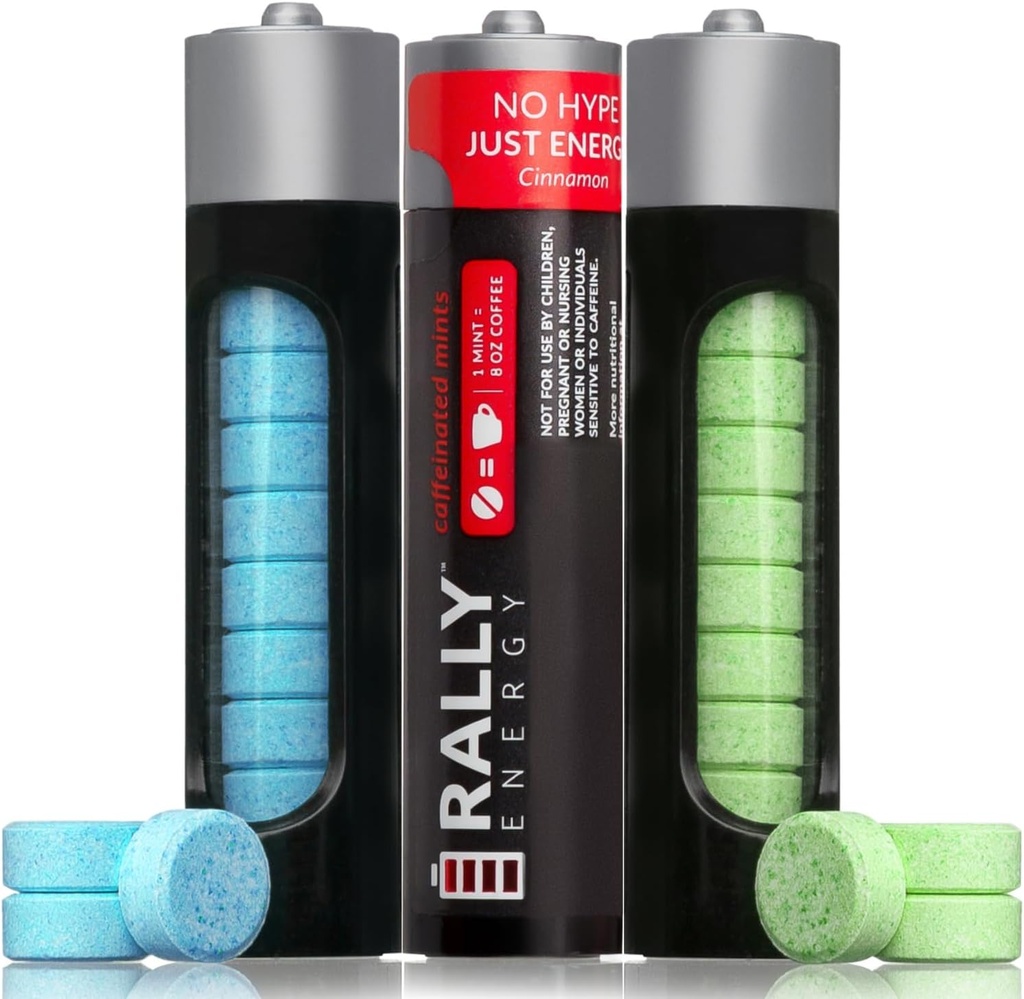 Rally Caffeine Mints, 60 Milligram, Instant Energy, Fresh Breath, Caffeinated, 0 Sugar, Natural Peppermint, Cinnamon, Wintergreen Variety Pack (3 Packs, 30 Mints)