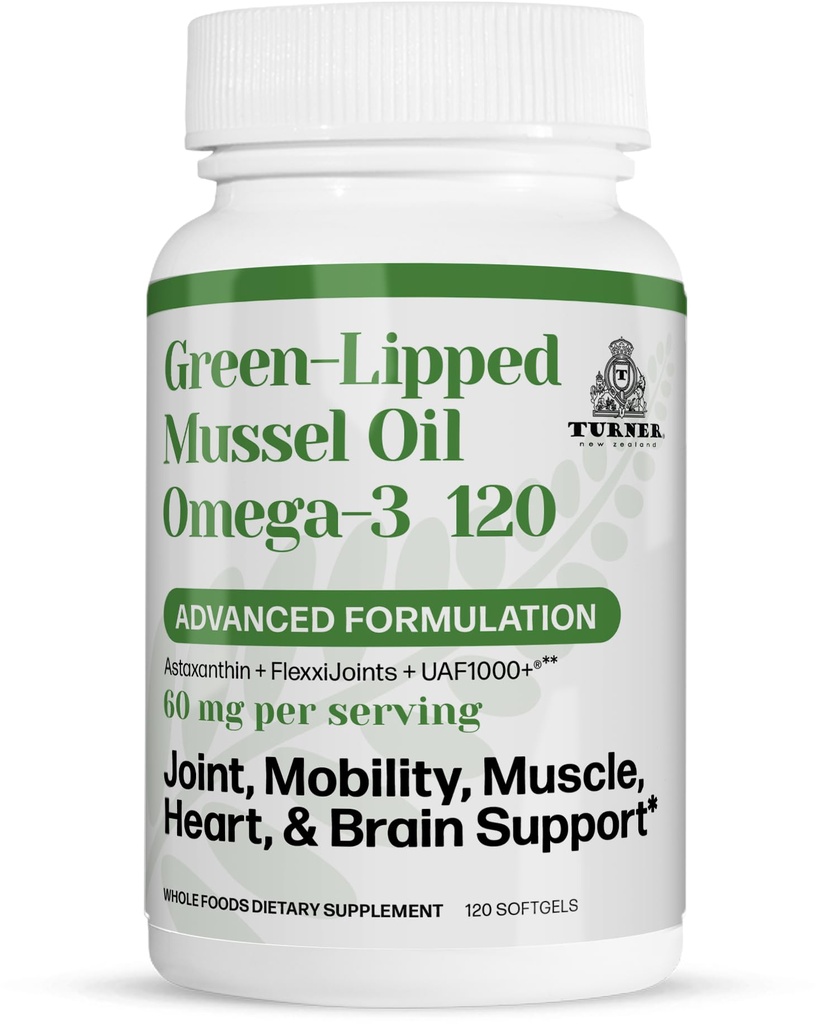 TURNER Yeni Zelanda Yeşil Lipped Omega-3 Mussel Oil, UAF1000+ Süper Üstün Ortak Konfor ve Hareketlilik için UAF1000 + Super Antioksit, No Fishy Aftertaste, 1 Şişe, 120 Softgels