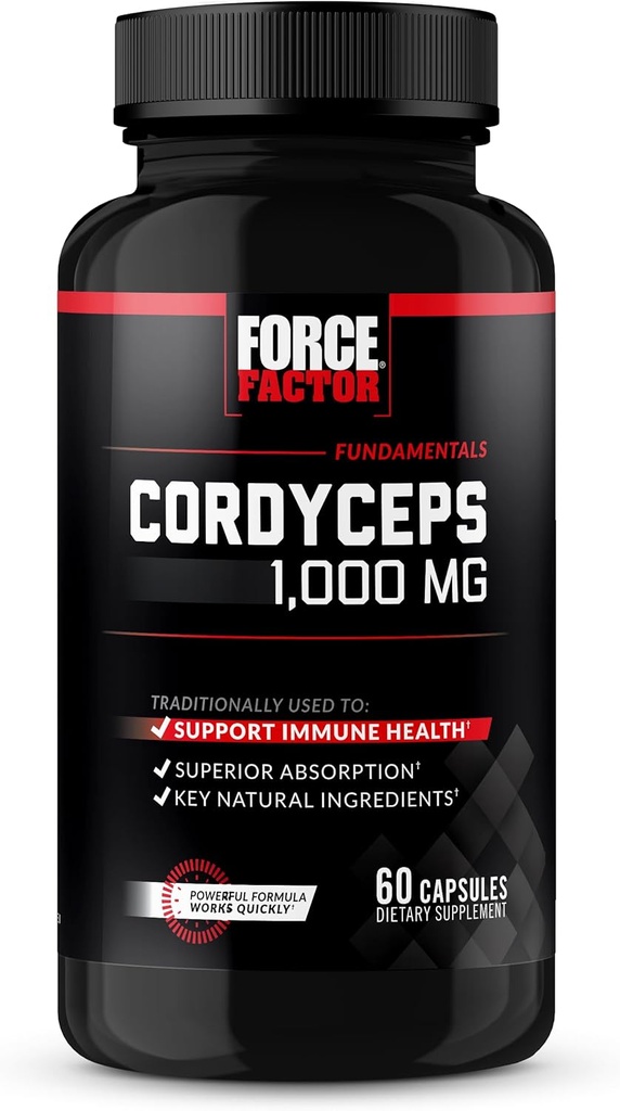 FORCE FACTOR Cordyceps Κάψουλες με 1000mg Cordyceps Sinensis εκχύλισμα μανιταριών, παραδοσιακά χρησιμοποιείται για τη βελτίωση της ζωτικότητας, με BioPerine για γρήγορη απορρόφηση, Βασικά φυσικά συστατικά, 60 κάψουλες