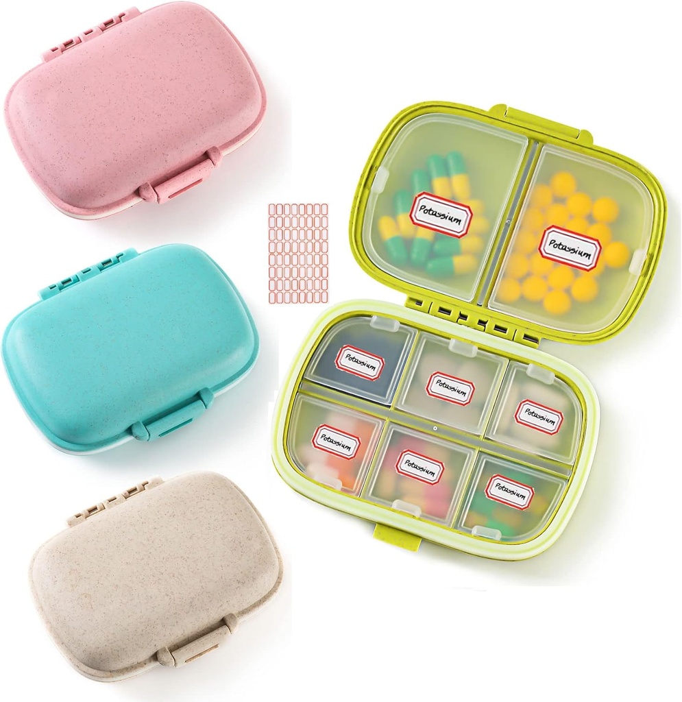 4 Pack Travel Pill Organizer, 8 Karşılaştırma Küçük Pill Box, Portatif Günlük Pill Tıp Davası, Vitamin, Supplement Storage, Compact Pill Container for Pocket, Purse, Travel, Office, Home Use