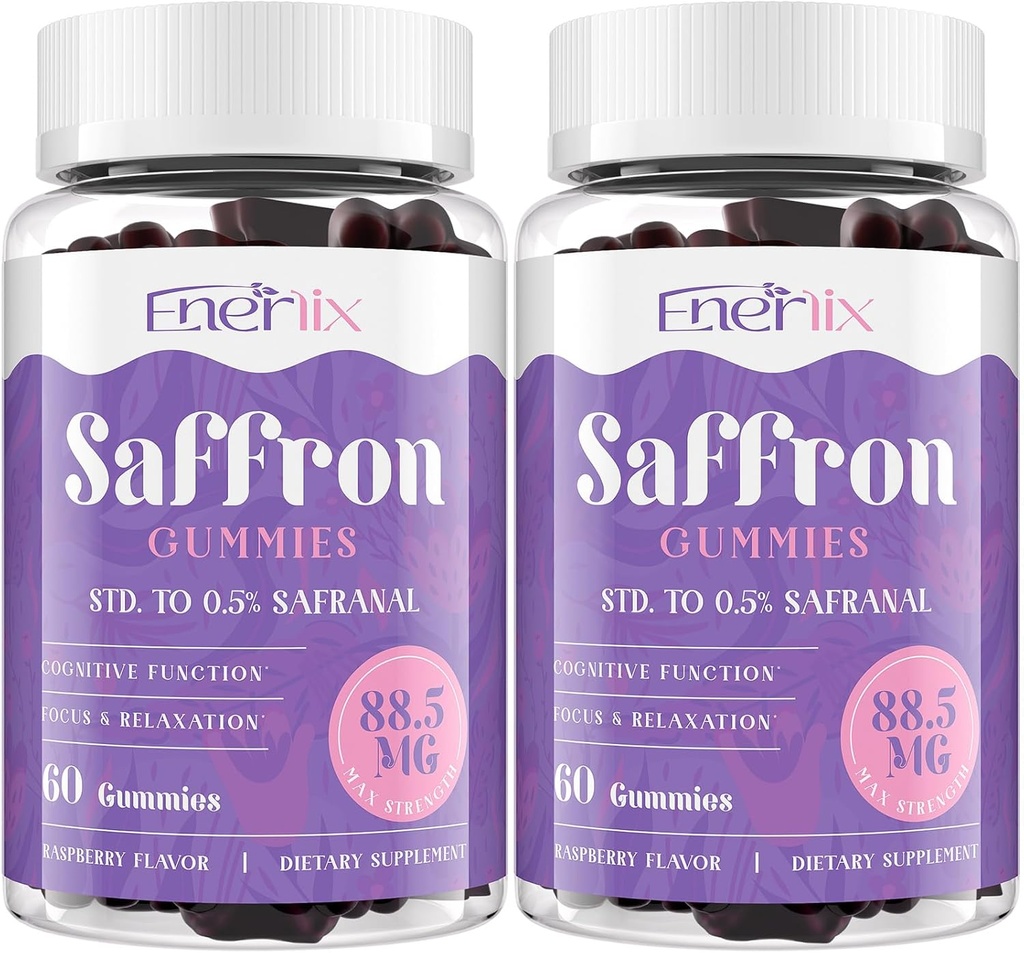Saffron Gummies 88, 5 mg με Μαγνήσιο, Max Strength Saffron Συμπληρώματα με St. John’s Wort, GABA, Rhodiola, Rosemary & Passion Flower Extracts για Mood, Focus - 120 Services