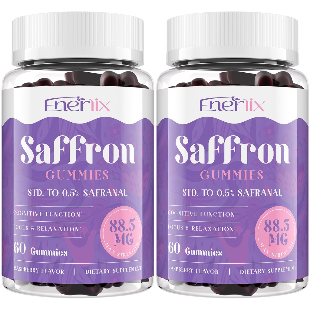 Saffron Gummies 88, 5 mg με Μαγνήσιο, Max Strength Saffron Συμπληρώματα με St. John’s Wort, GABA, Rhodiola, Rosemary & Passion Flower Extracts για Mood, Focus - 120 Services