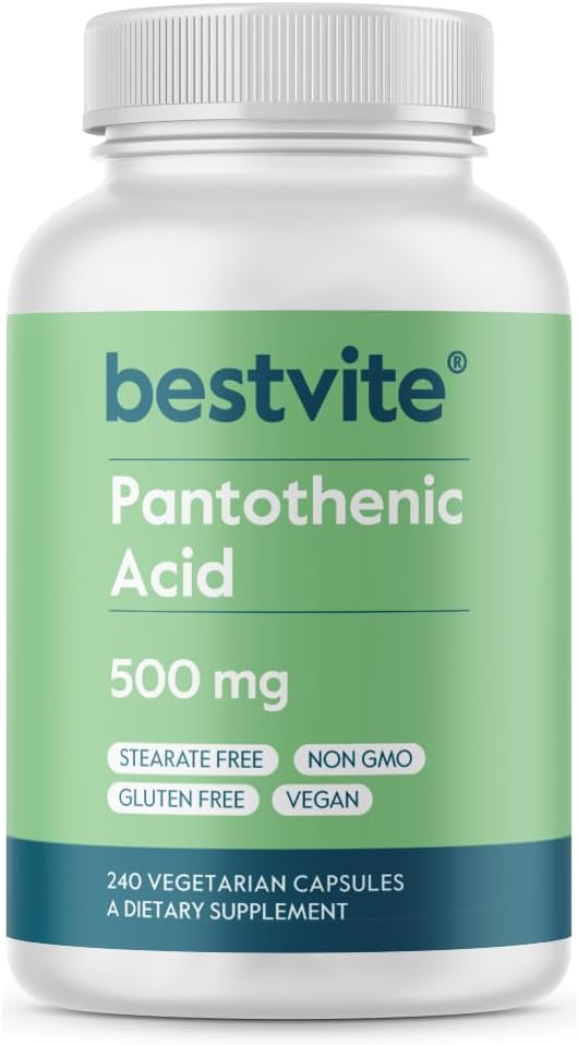BESTVITE Pantothenic Acid 500 mg (Vitamin B5) (240 Vejetaryen Capsules) - No Stearates - No Gelatin - Nouba Silicate - Vegan - Non GMO - Gluten Free